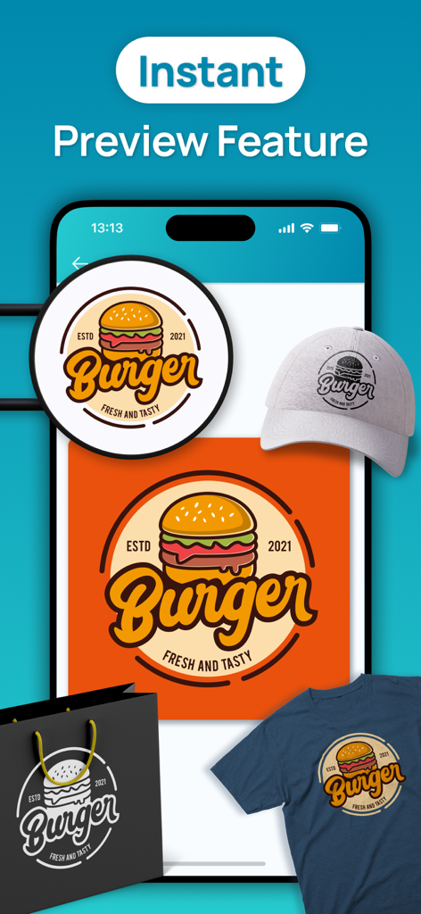 Logo Maker - Business Logo - Instant preview feature of the logo maker app showing a burger logo on a hat bag and shirt