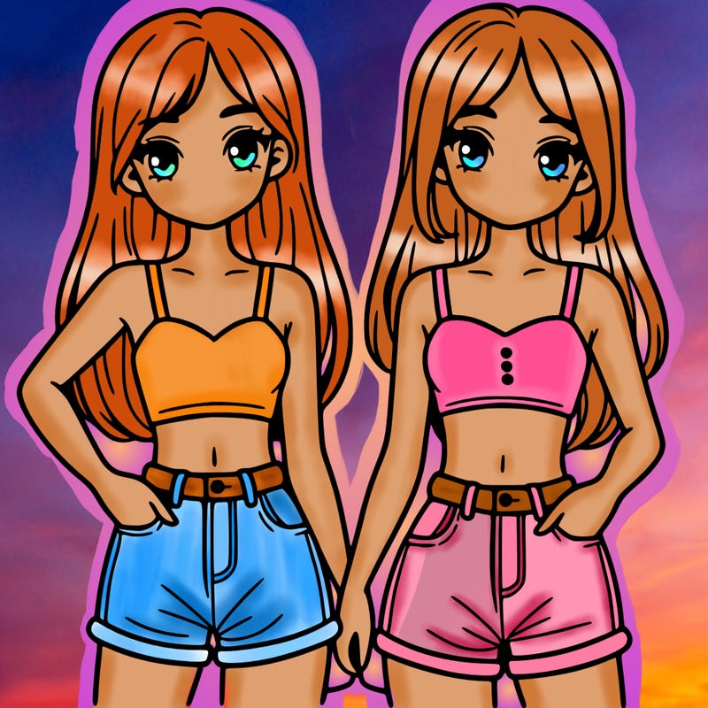 two sisters with crop tops and jean shorts and straight hair