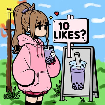 girl with oversized hoodie drinking boba and she has a high ponytail with a sign that says 10likes?