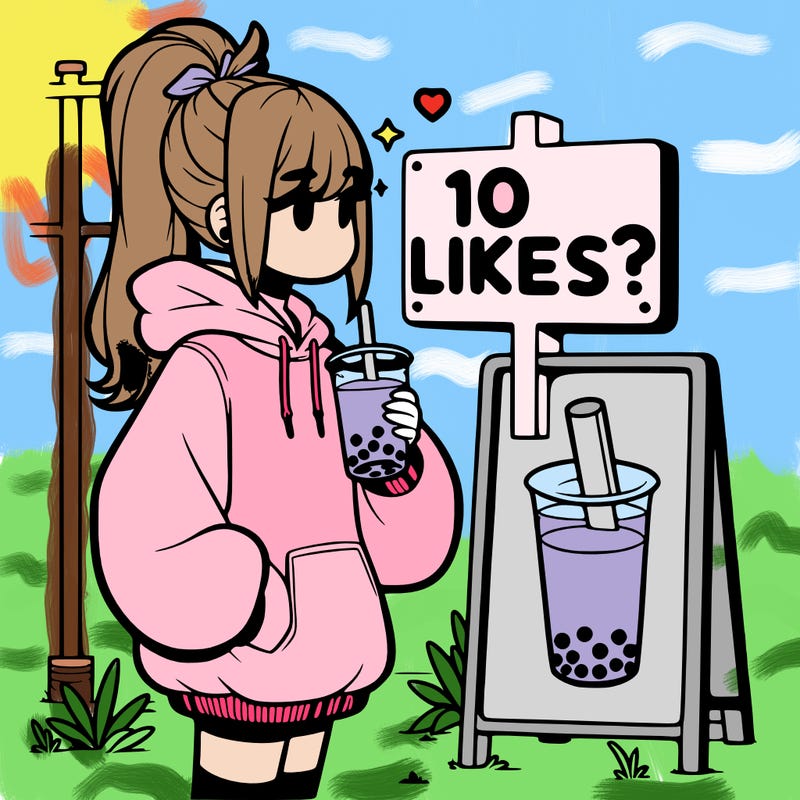 girl with oversized hoodie drinking boba and she has a high ponytail with a sign that says 10likes?