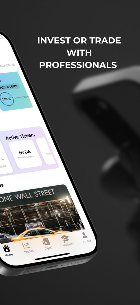 Finnext: AI Stock Forecasts - Finnext mobile app interface showing stock market insights and professional trading tools.