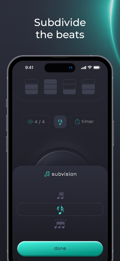 Metronome – Beats & Tempo - Metronome app interface showing rhythmic subdivision settings in dark mode