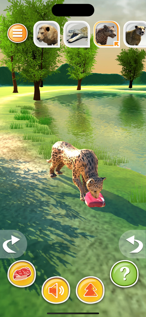 Animal Simulator 3D-Predetors - A leopard eating meat in a 3D animal simulator game near a lake