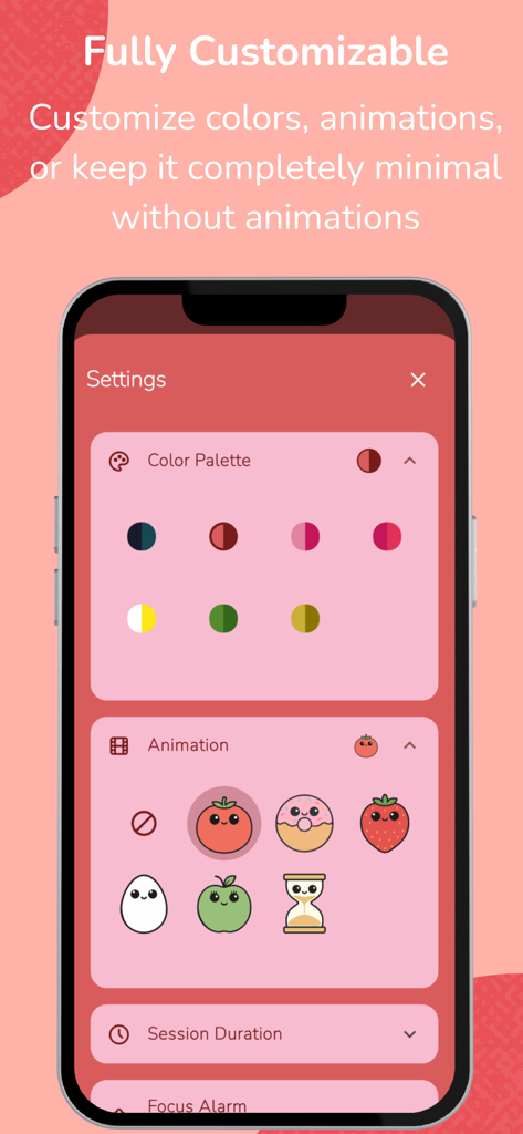 Ein Telefonbildschirm, der Anpassungsoptionen für Farben und animierte Symbole in einer Pomodoro Timer App anzeigt