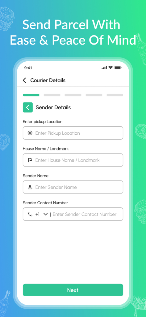Fox-Delivery Anythingアプリの courier および荷物配送サービス用の送信者詳細フォーム。