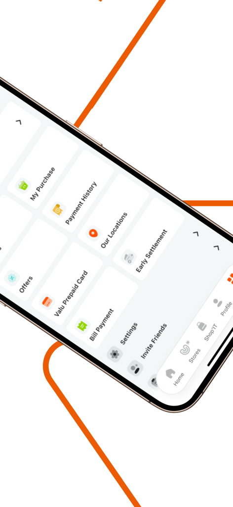 청구서 결제, 선불 카드, 결제 내역과 같은 기능을 포함하는 Valu 앱 대시보드를 표시하는 스마트폰.