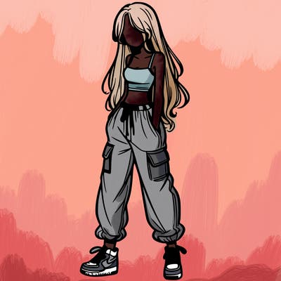 girl in baggy pants crop top and long hair