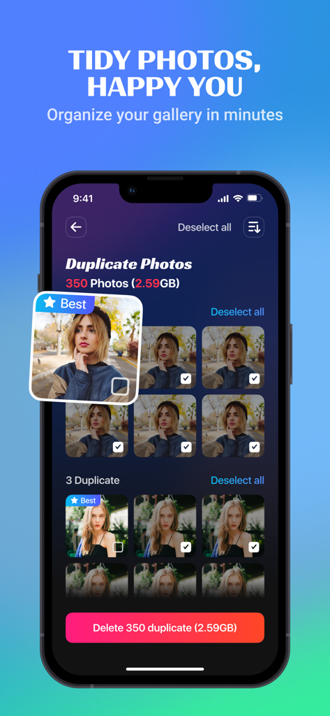 Bingo Album - storage cleaner - A mobile app interface from Bingo Album identifying duplicate photos and offering a one-tap option to delete them to free up phone storage.
