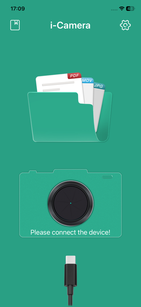 i-Camera - Pantalla principal de la aplicación i-Camera con una indicación para conectar un dispositivo de cámara industrial y una carpeta para la gestión de archivos