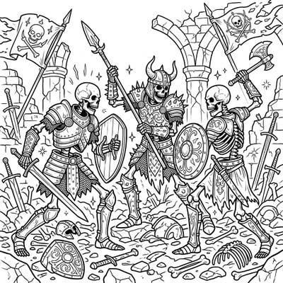 Step into a fantastical world of ancient battles with this intricate warrior skeletons coloring page. Armored combatants and a detailed battlefield await your artistic touch, promising hours of creative fun.