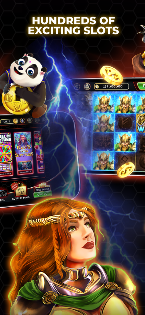 Lucky Eagle Play - Slots Games - Promotional screen for Lucky Eagle Play showcasing various slot game themes with characters like a panda and a fantasy queen