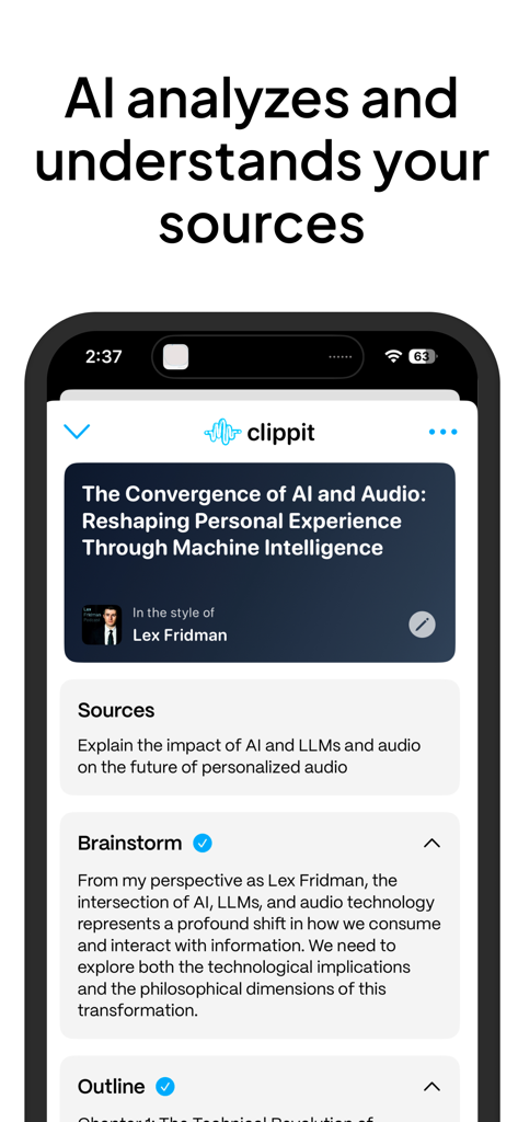Clippit: AI Text To Speech - Clippit app interface showing AI analyzing sources to create audio content in the style of Lex Fridman.
