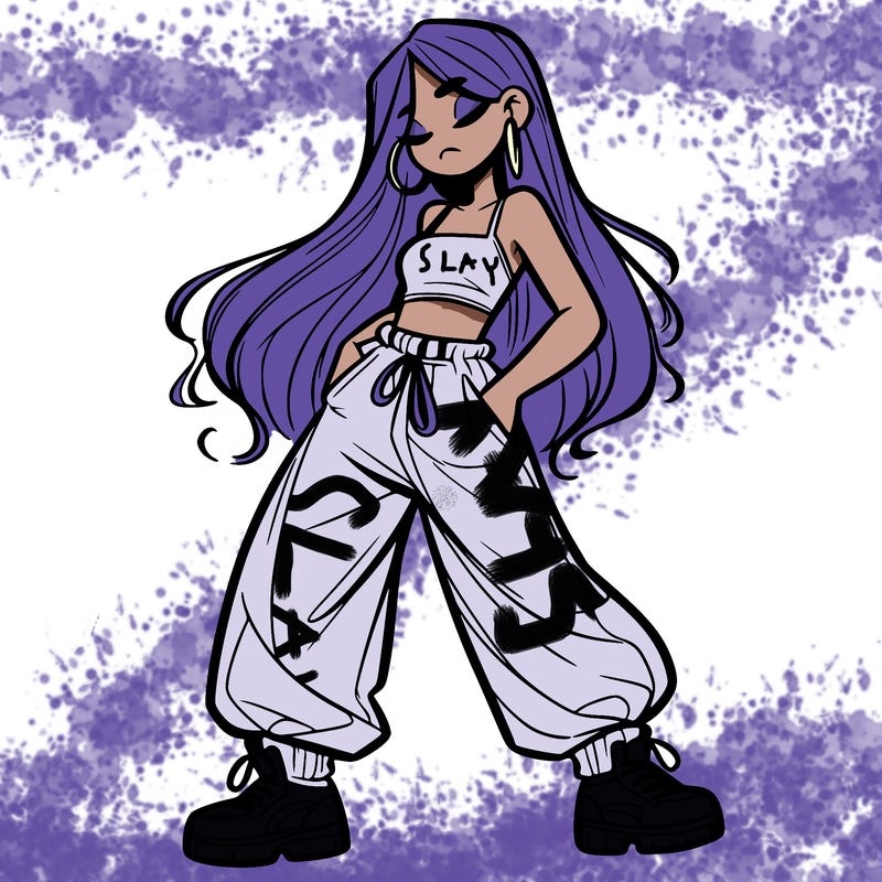 girl in baggy pants crop top and long hair