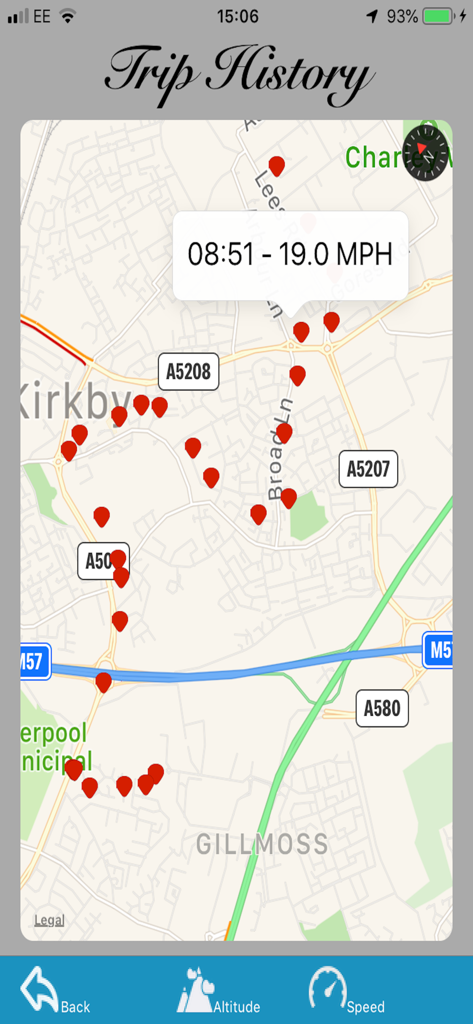 Vista de mapa del historial de viajes en la aplicación Photo Locator que muestra pines de ruta registrados y datos de seguimiento de velocidad.
