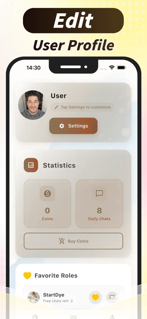 Rocy - Moment & Wonderful - アカウント設定、コイン残高、毎日のチャット統計、お気に入りのAI染色ロールを表示するRocyアプリのユーザープロファイル画面。
