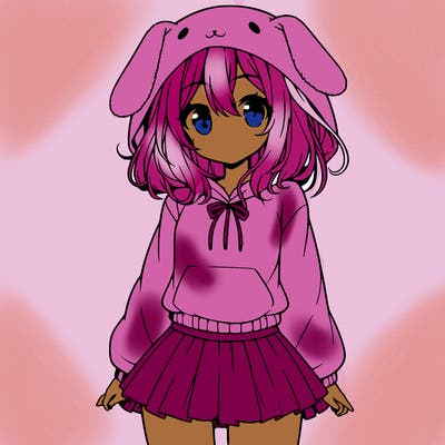pretty anime girl wearing a fluffy hoodie with bunny ears on the hood and a skirt