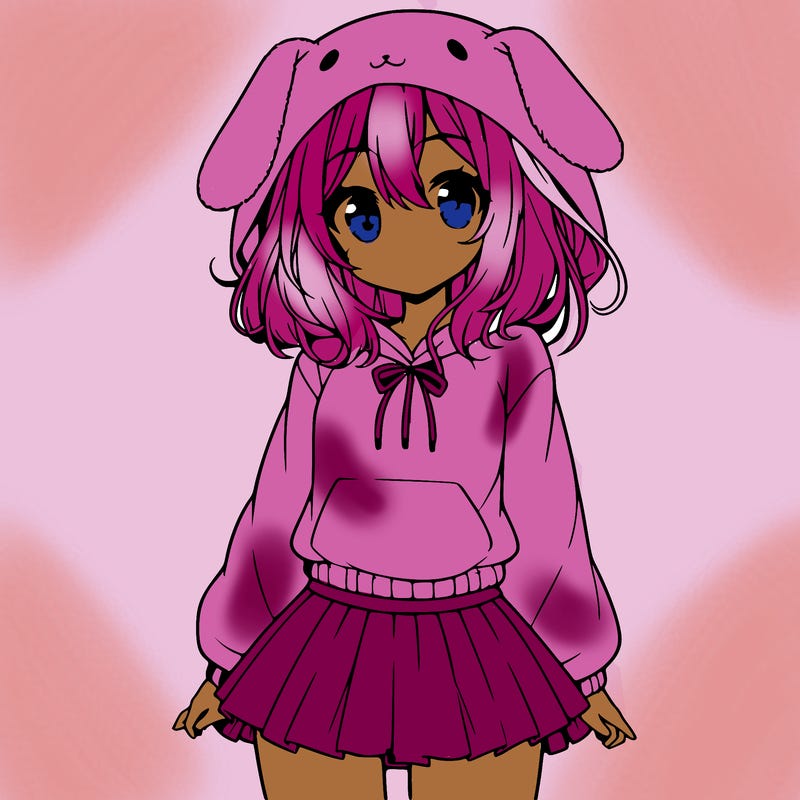 pretty anime girl wearing a fluffy hoodie with bunny ears on the hood and a skirt
