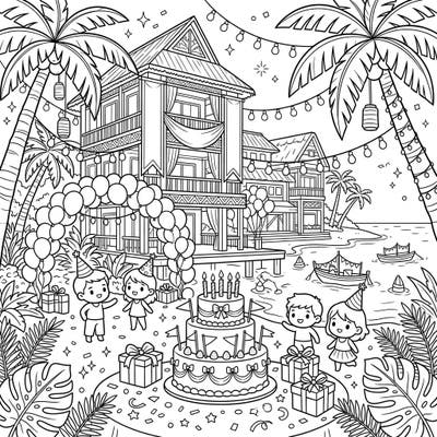 Imagine the ultimate celebration on a secluded paradise with our Private Island Birthday coloring page. This delightful scene is packed with festive details like a giant cake, balloons, and joyful kids ready to party.
