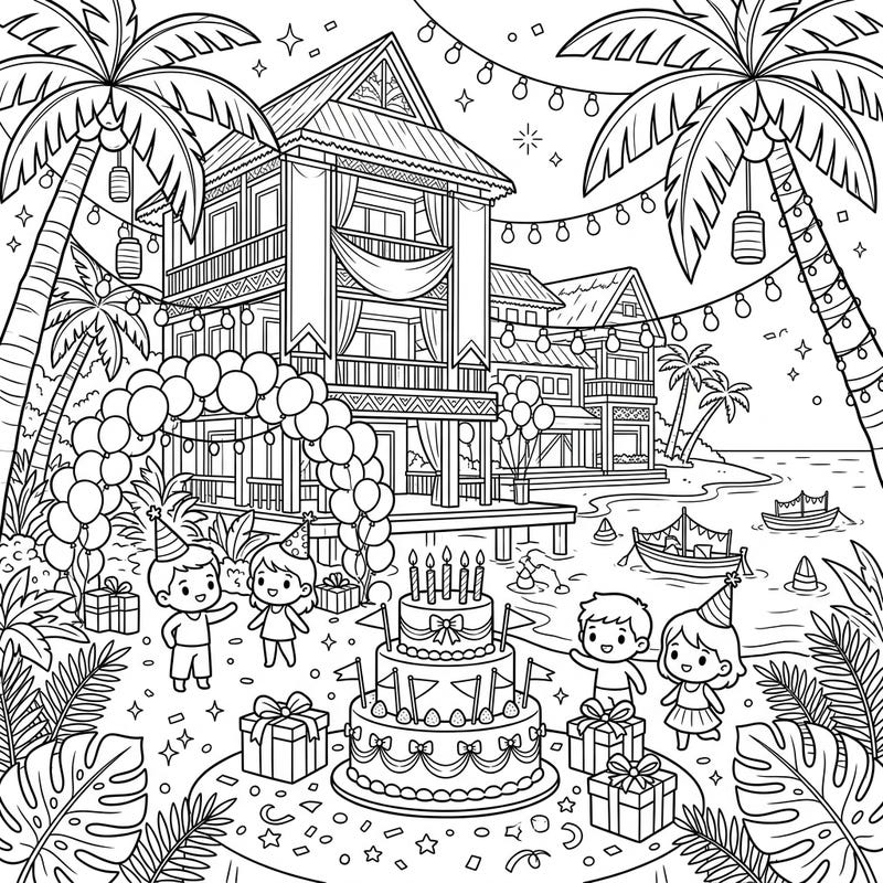 Imagine the ultimate celebration on a secluded paradise with our Private Island Birthday coloring page. This delightful scene is packed with festive details like a giant cake, balloons, and joyful kids ready to party.