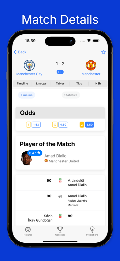 Afriscores: Soccer Predictions - スコア、オッズ、プレイヤー統計を表示するAfriscoresアプリのサッカー試合詳細画面
