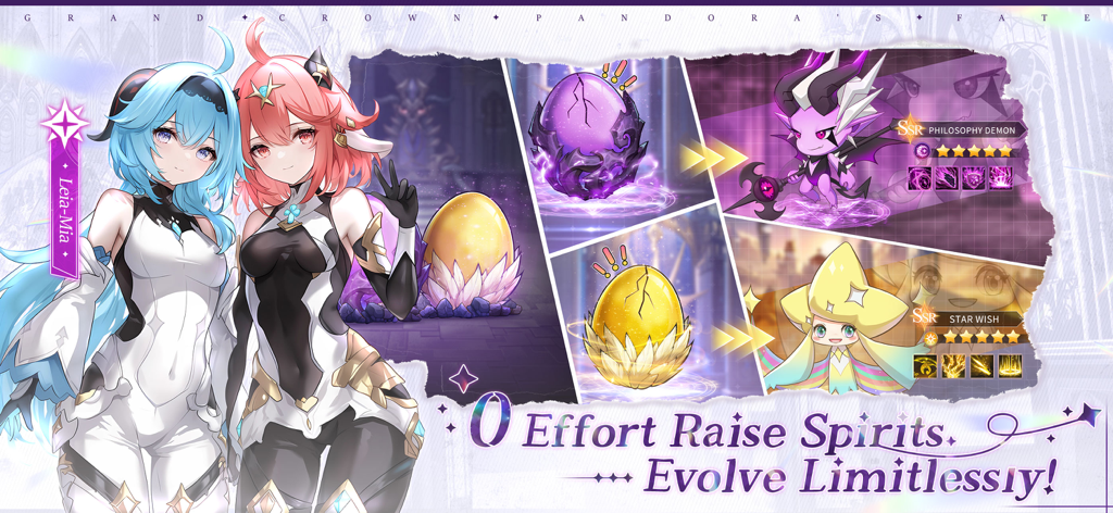 Two anime characters standing next to a spirit hatching and evolution interface