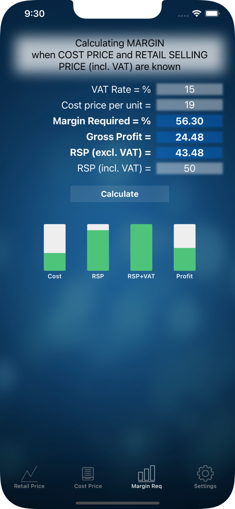 Mobile Anwendungsschnittstelle zur Berechnung der Gewinnmarge und des Einzelhandelsverkaufspreises mit MwSt.-Unterstützung