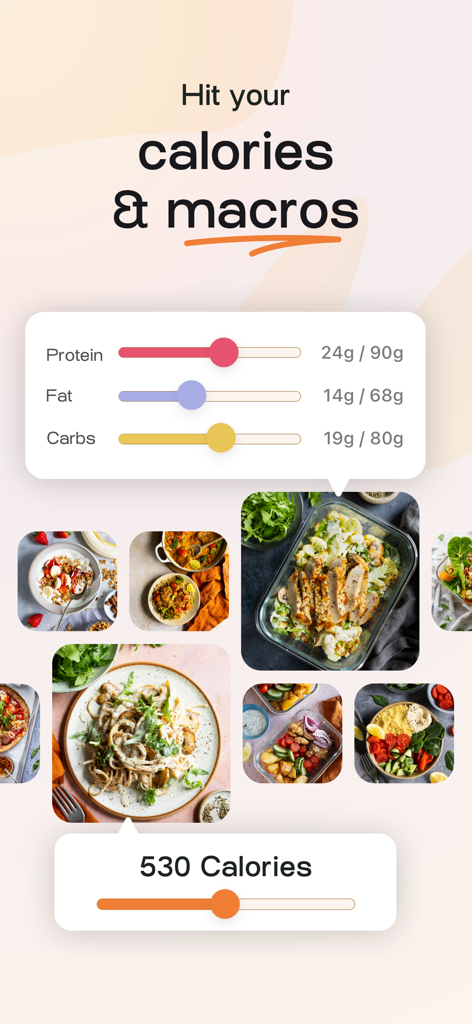 MealPrepPro app interface showing calorie and macronutrient progress bars with healthy meal photos