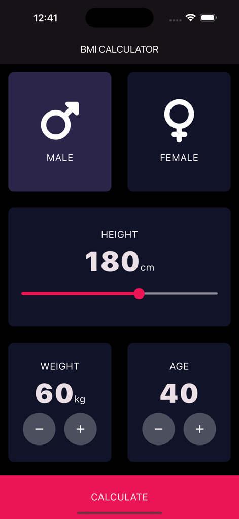 BMI Calculator Health Tracker - Interfaccia utente dell'app BMI Calculator Health Tracker che mostra gli input per la selezione di sesso, altezza, peso ed età con un design minimalista.