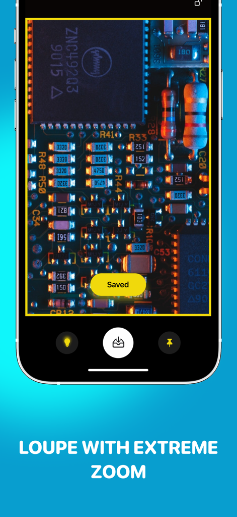 Magnifying Glass * Flashlight - Smartphone screen displaying an extreme zoom of an electronic circuit board using the Magnifying Glass app