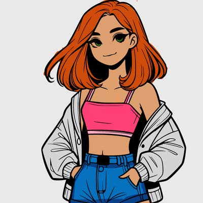 a realistic girl with a crop top and short shorts in an open jacket