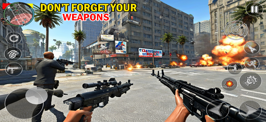 Gangster Crime City Offline - First person view of shooting combat and explosions in a city street