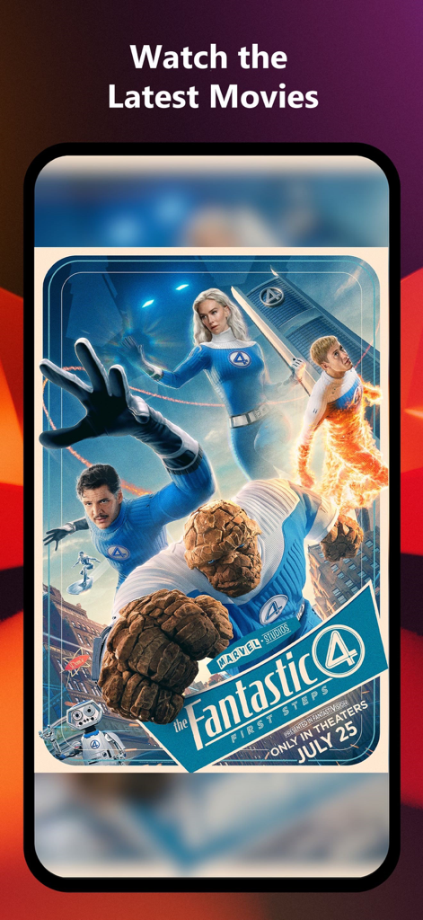 Pantalla de la app de Regal mostrando el póster de la película "Fantastic Four First Steps" de Marvel Studios bajo el encabezado "Mira las últimas películas"