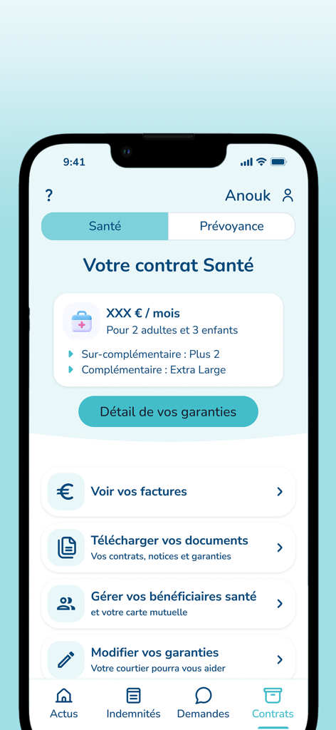 Écran de l'application Welfaire montrant les détails du plan d'assurance santé et les options de gestion