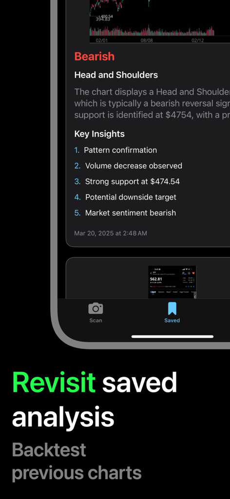 Chart AI - Trading Analyzer - Interfaz de la aplicación Chart AI mostrando un análisis guardado del patrón de cabeza y hombros bajista y perspectivas clave de trading