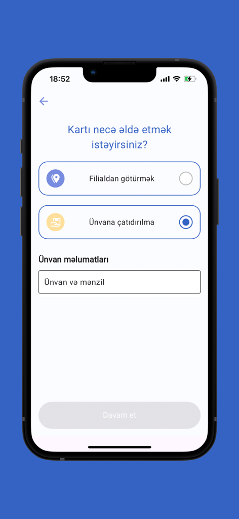 İnternational BOKT - Mobile app screen for selecting card delivery method and entering address information