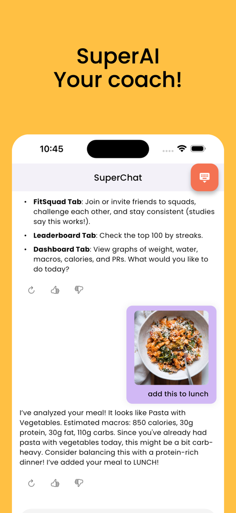 AtlasFit SuperChat AI coach analyzing a meal photo and providing calorie and macro estimates