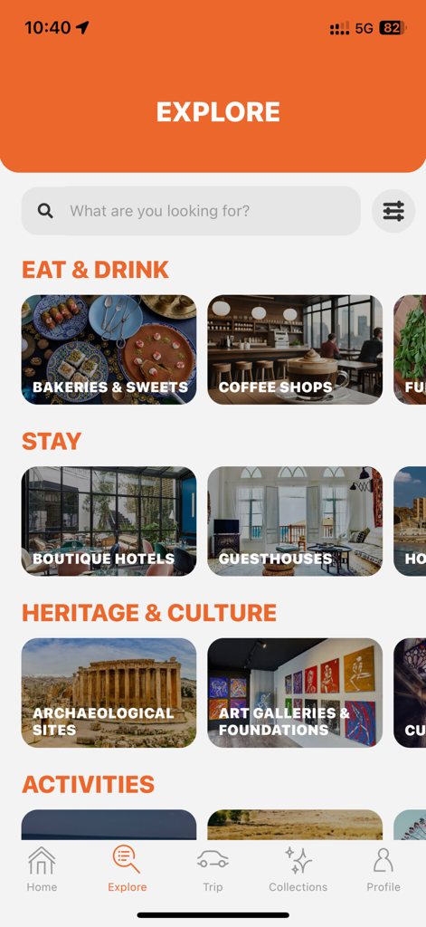 Bam Leb - Pantalla de exploración de la aplicación Bam Leb con categorías de gastronomía, alojamiento y sitios culturales en el Líbano.