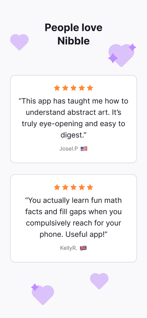 Five-star customer reviews for Nibble app highlighting its educational value for art and math.