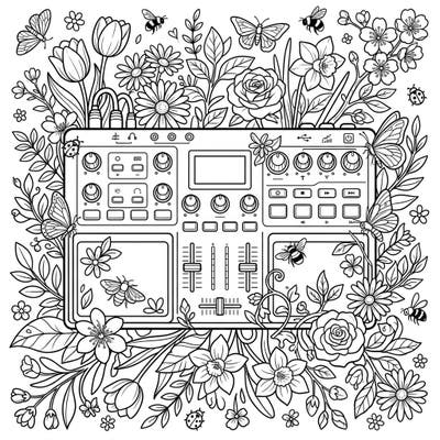 Dive into a unique coloring experience where the world of electronic music meets the beauty of spring. This intricate design features a detailed loop station nestled among blooming flowers, graceful butterflies, and buzzing bees, ready for your creative touch.