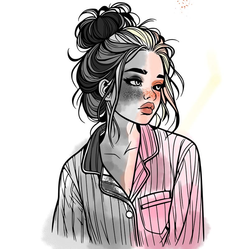 realistic woman with pajamas on and a messy bun