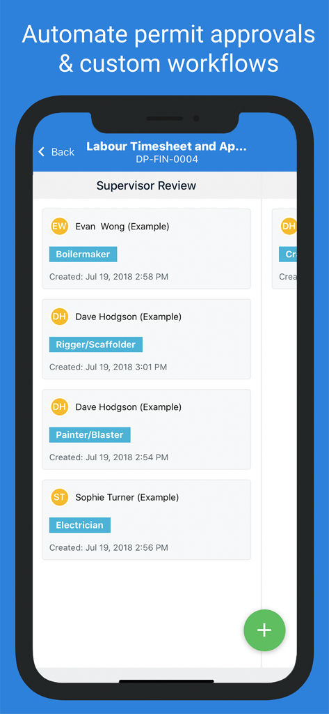 Dashpivot - Dashpivot app screen displaying a supervisor review list for labor timesheets and automated permit approvals