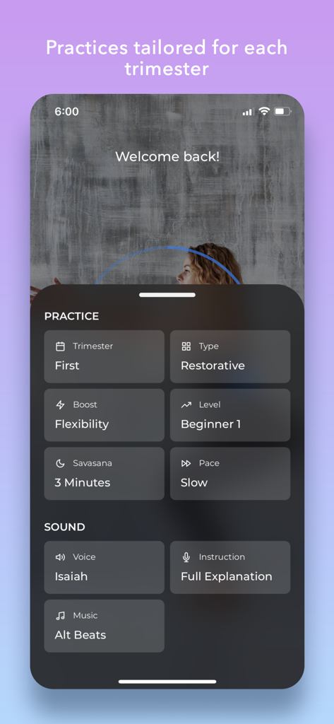 Interfaccia dell'app Down Dog Yoga Prenatale che mostra le impostazioni personalizzabili della pratica per tipo di trimestre e livello di difficoltà