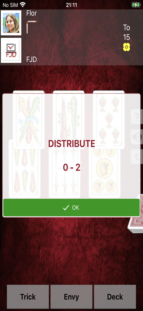 Truco FJD - Tela de jogo do Truco FJD mostrando um pop-up de distribuição de cartas sobre cartas de jogar espanholas