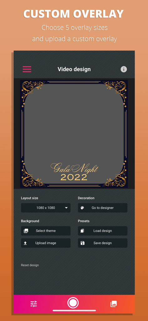 Interfaz móvil de GlambotApp para diseñar superposiciones de vídeo personalizadas y temas de gala