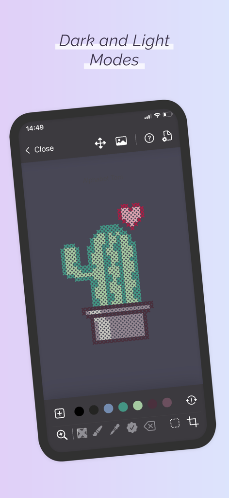 Cross Stitch Pattern Maker app interface showing a cactus pattern in dark mode
