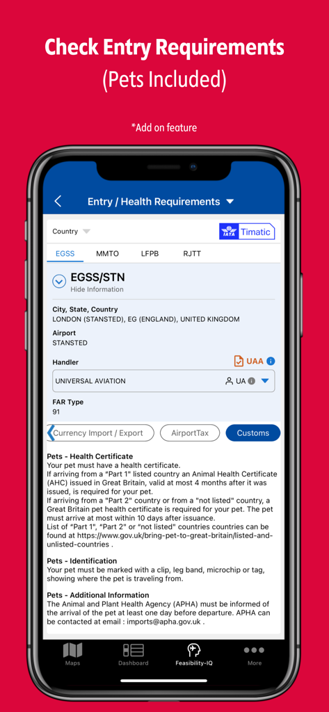 A smartphone screen showing the uvGO app interface for entry and health requirements including pet travel documentation for business aviation missions