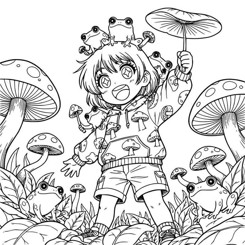 a girl with short hair and mushrooms and frogs lea