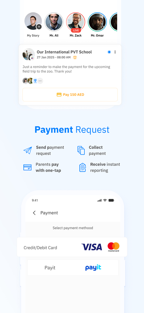 Schoolvoice - Your School App - Interface of Schoolvoice app showing a payment request for a school trip and mobile payment options