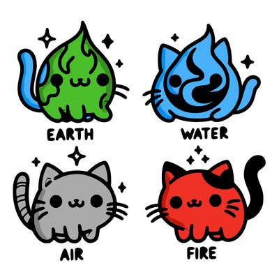 4 cats that represent the different elements, earth, water, air, and fire