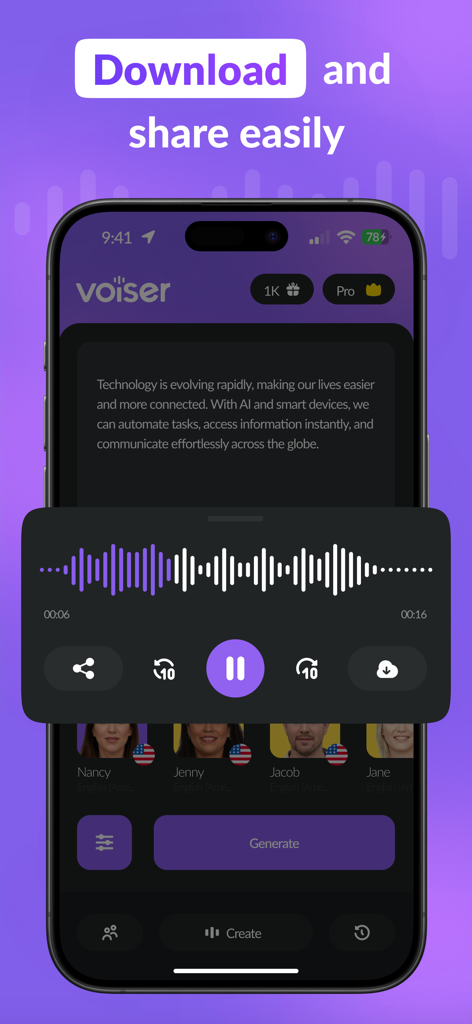 AI Voice Over: Text to Speech - Voiser AI mobile app interface showing a voiceover audio player with waveform and download and share buttons.